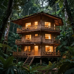 beautiful wooden multi story hut in jungle, glowing hut, volumetric dramatic light, dark jungle background, sharp focus, highly realistic, octane render, art by greg rutsowski