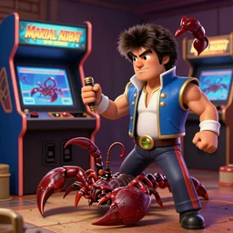 bob ross beating the devil out of scorpion from mortal combat arcade game, street fighter style, 2 d, illustration, digital art