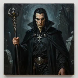 a highly detailed full - size portrait painting of a male evil sorcerer holding a staff, with piercing eyes and black hair standing in dark tomb setting, nvidia, art by artgerm and frank frazetta