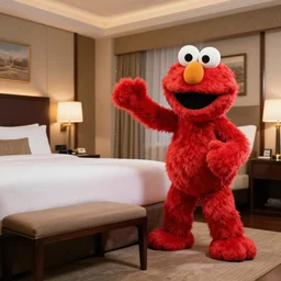stock photo of elmo smashing the hotel room
