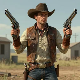 a man in a cowboy outfit holding two guns, concept art by Tony DiTerlizzi, cgsociety, american realism, xbox 360 graphics, prerendered graphics, concept art