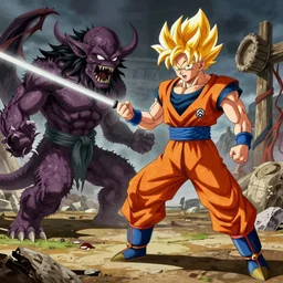 who: Jesus Christ where: hell action: destroying a monster. how: transforming in a super Saiyan by: art gem , trending on art station