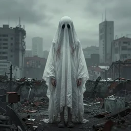 cityscape, dystopian, young girl dressed as a ghost. folk horror. great detail