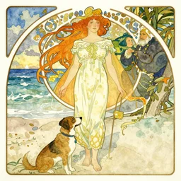 young girl and her dog at the beach, colorful watercolor, inspired by alphonse mucha and rembrandt, art nouveau