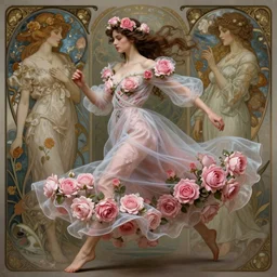woman dressed in a vaporous wrapped large  victorian pink roses silk semi-transparent dress fashion is running, D&D, fantasy, intricate, elegant, highly detailed, digital painting, artstation, concept art, matte, sharp focus, illustration, art by Artgerm and Greg Rutkowski and Alphonse Mucha