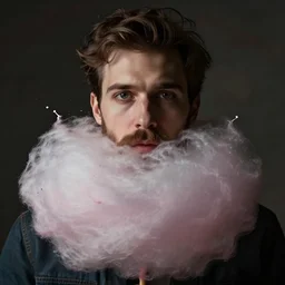 a dramatic photo of an man with cotton candy beard. paint splashes. moody and melancholy.