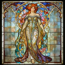 full - body artwork, cattie - brie of mithril hall, by artgerm, cushart krenz, greg rutkowski. art nouveau neo - gothic stained glass by mucha. swirly intricate glass linework background. gaudy colors, sharp edges. ultra clear detailed. 8 k. elegant. octane render