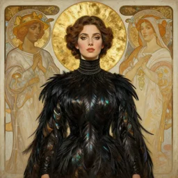portrait painting of a stunning proud empress, artstation, mymodernmet, by amir ershadi, by ben enwonwu, by alphonse mucha, by soey milk, masooma, gold foil aureola, black dress of iridescent feathers, high neck collar, divine, saint, mixed media
