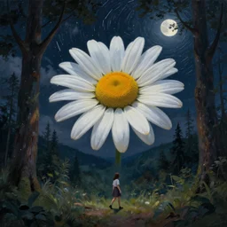 giant daisy flower as a head, girl walking forest, big trees, hills, surreal photography, dark night, star trails, moon light, impressionist painting, clouds, digital painting, artstation, simon stalenhag
