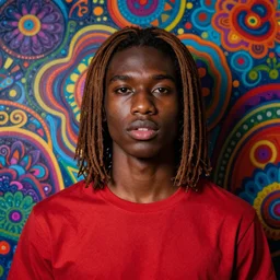 colorful and Festive Captivating young man with straight brown hair, black skin, big lips, red t-shirt. rich vivid colors, ambient lighting, dynamic lighting, 4k, atmospheric lighting, painted, intricate, highly detailed by Charlie Bowater