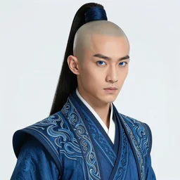 male martial artist with a shaved head and a high ponytail!!! asian facial features and blue eyes!! intricate ornate blue robes!! character concept art, sharp focus, octane render! unreal engine 5! highly rendered!! trending on artstation!! detailed linework!! illustration by artgerm, wlop, and chie yoshii