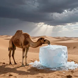 a camel licking a large icecube in the sahara desert