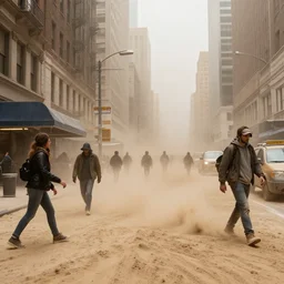 new - york city streets under tons of sand during sandstorm, people fleeing, hyperdetailed, artstation, cgsociety, 8 k