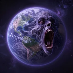earth planet screaming, cosmic horror, ghostly, intricate, photo real, hyperrealism, unreal engine 5, raytracing, art by beeple and mike winkelmann, ultraviolet colors,