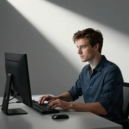 Johnathan Slava  working on a desktop computer