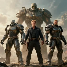 movie still frame, giant armored titans in epic pose, beautiful composition, 8 k, cgi, by ridley scott, zack snyder and michael bay