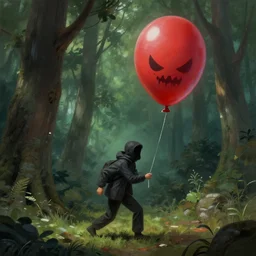 being stalked by a horrific evil balloon in a forest, a psychological digital painting by Greg Rutkowski and James Gurney, trending on Artstation, highly detailed