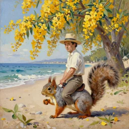 napoleon riding a squirrel on the beach with crepe myrtles in the background, oil painting