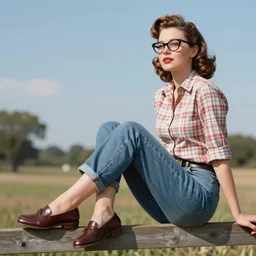 The image is of a woman in the 1950s posing on a fence. She is wearing penny loafers, rolled jeans and a plaid shirt. Her hair is styled in a classic 1950s style and she is wearing cat eye glasses. She looks like she is enjoying the sunny day and the view from her perch on the fence, digital art, smooth, sharp focus, bokeh, concept art, wlop