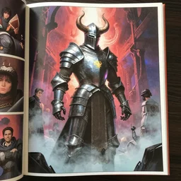 an old temple knight in armor, king of hell, inside page of comic book, psychedelic lights and fog, in the style of zdzislaw beksinski, ayami kojima, takato yamamoto, barclay shaw, karol bak, glowing light and shadow, hyperrealist