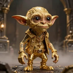 gollum proudly wearing gold in a dungeon, bling, hip hop style, tattoos, exaggerated features, imax, foggy atmosphere, bokeh, professional studio shot, stylized photo