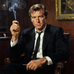 young roger moore as james bond, 1 9 7 3, smoke filled room, film noir lighting, in paris, painting by ross tran