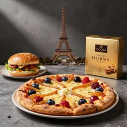 so delicious fruits pizza cake hamburger on the table, beacons, large amount of melted cheese, worm dynamic lighting, pierre herme paris, godiva products photo