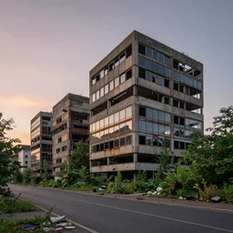 a street view of brutalist architecture by Le Corbusier, abandoned buildings, empty streetscapes, surrounded by lush green vegetation, ground-level view, epic volumetric lighting, sunset, rusted steel, solid concrete, glass, stunning skies, scattered rubbish, 8k, photorealistic, hyper detailed, unreal engine 5, IMAX quality, cinematic quality, beautifully illustrated, sharp focus, minimal artifacts, from DOOM, by Greg Rutkowski, trending on Artstation