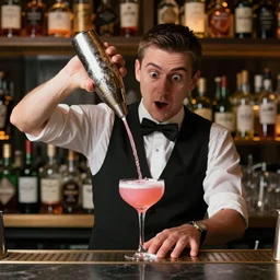 a bartender having an epiphany while cocktail shaking a drink that will be known as a pink Putin