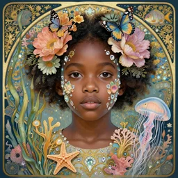 hyperrealistic detailed portrait of a young black girl with a glass face, with flowers, butterflies, corals, sea kelp, sea plants, fish, starfish, jellyfish, diamonds, filaments, golden filigree, neon lights, art by ernst haeckel, john william godward, hammershøi, alphons mucha, pontormo, ornamental, decorative, art nouveau wallpaper, lights by hopper, pastel deep colours,