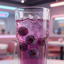 extreme close up crisp detailed photo of a tall glass of grape soda with dripping condensation, futuristic diner. DAZ. 3D.
