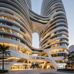 modern beautiful Saha Hadid building, hypermaximalistic, high details, cinematic, 8k resolution, beautiful detailed, insanely intricate details, artstation trending, octane render, unreal engine, bright it interiors, warm yellow lights