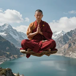 buddhist monk in dark red cloth in lotus position and hands in namaste, flying over himalaya mountains lake in weightlessness, highly detailed science fiction illustration by jeremy geddes. photorealistic, hyper detailed, 8 k, movie still, artstation