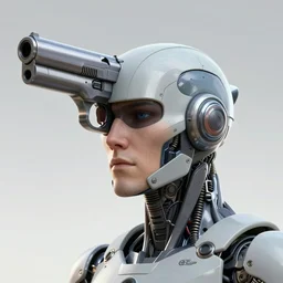 an advanced cyborg with a pistol head, syd mead ralph mcquarrie style, 8 k, hdr, octane render, volumetric lighting, highly detailed, beautiful, trending on artstation, neo tokyo at night background