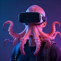 man wearing an octopus as virtual reality glasses, dappled neon, octane render, 3 d render, beautiful, 8 k, high quality, amazing, masterpiece