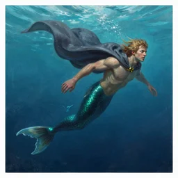 a painting of a merman in a cloak swimming in the ocean, a detailed painting by todd lockwood, trending on artstation, fantasy art, bioluminescence, detailed painting, official art