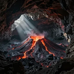 a photorealistic hyperrealistic render of a volcanic cave scene by greg rutkowski, wlop, artgerm, dramatic lighting, strong shadows, volumetric, cinematic atmosphere, octane render, artstation, 8 k