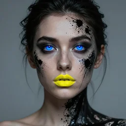 matte portrait of a young woman with glowing blue eyes, yellow mouth, covered in black splattered ink, by antony micallef - n 7