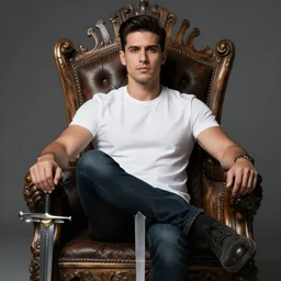 modern self portrait of man sitting on throne, legs crossed, while holding a sword, white man, hispanic, brown hair, light skin, golden throne, sharp, marker, red robes, 8 k, hi - rez, circles, lamented, clear, brown eyes, colored, green plants and golden background, sun in the sky, palace scenery, sharp, illustrated byyoji shinkawa