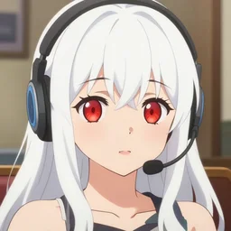 high quality anime portrait of a cute ( ( red eyed girl ) ) with ( ( long white hair!! ) ) wearing a headset in her room interior. art by makoto shinkai, cute face by ilya kuvshinov, pixiv, danbooru, hd, headshot, perfect anime face!!!, digital art, cel shading