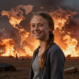 Greta Thunberg smiling, world on fire in the background, explosions, apocalyptic