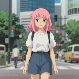 a full body portrait of a harajuku girl with pink hair , in the background is Shinjuku Tokyo, daytime Ghibli studio, Bokeh, depth of field ,