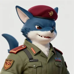 beautiful portrait commission of a male furry anthro!!! half-bat half-shark wearing military clothes and a maroon beret. Active Warzone with guns and explosions Atmospheric. Character design by charlie bowater, ross tran, artgerm, and makoto shinkai, detailed, inked, western comic book art