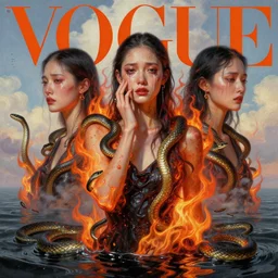 3 d, crying fashion model, flame, liquid black water, snakes, morning, vogue cover style, poster art, high detail, intricate oil painting, multiple exposure, heaven mood, hyperrealism, 3 d, by tooth wu and wlop and beeple and greg rutkowski
