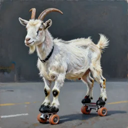 a mixed media painting of a goat on roller blades, 4 k, ultra realistic, highly detailed, epic lighting