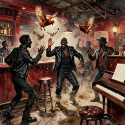 a messy rowdy watercolor of black gatecrashes in a deep south redneck bar, barstool and chickens flying through air, dust clouds, smooth, sharp focus, piano, ultrarealistic, art by dean cornwell and howard finster, paint splatters, artstation, octane render, low contrast, cinematic, dynamic volumetric lighting by delphin enjolras