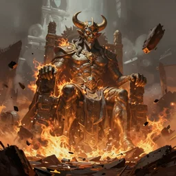 concept art by andrey surnov, cel shaded, cinematic shot, trending on artstation, high quality, brush stroke, the burning empire, the huge statue of the demon throne collapses, and debris floats in the air