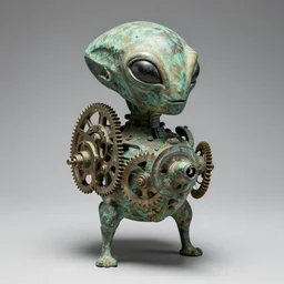 a martian artifact in a museum, bronze, old, alien, verdigris, mechanical, gears
