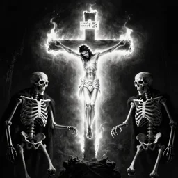 A crucifix made of light, with two evil skeletons on both sides being burnt by its light. Dark Fantasy, Film Noir, Black and White. High Contrast, Mike Mignola, D&D, OSR