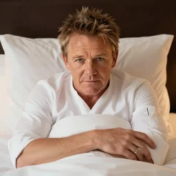 photo of gordan ramsay tucked into bed, cute, adorable